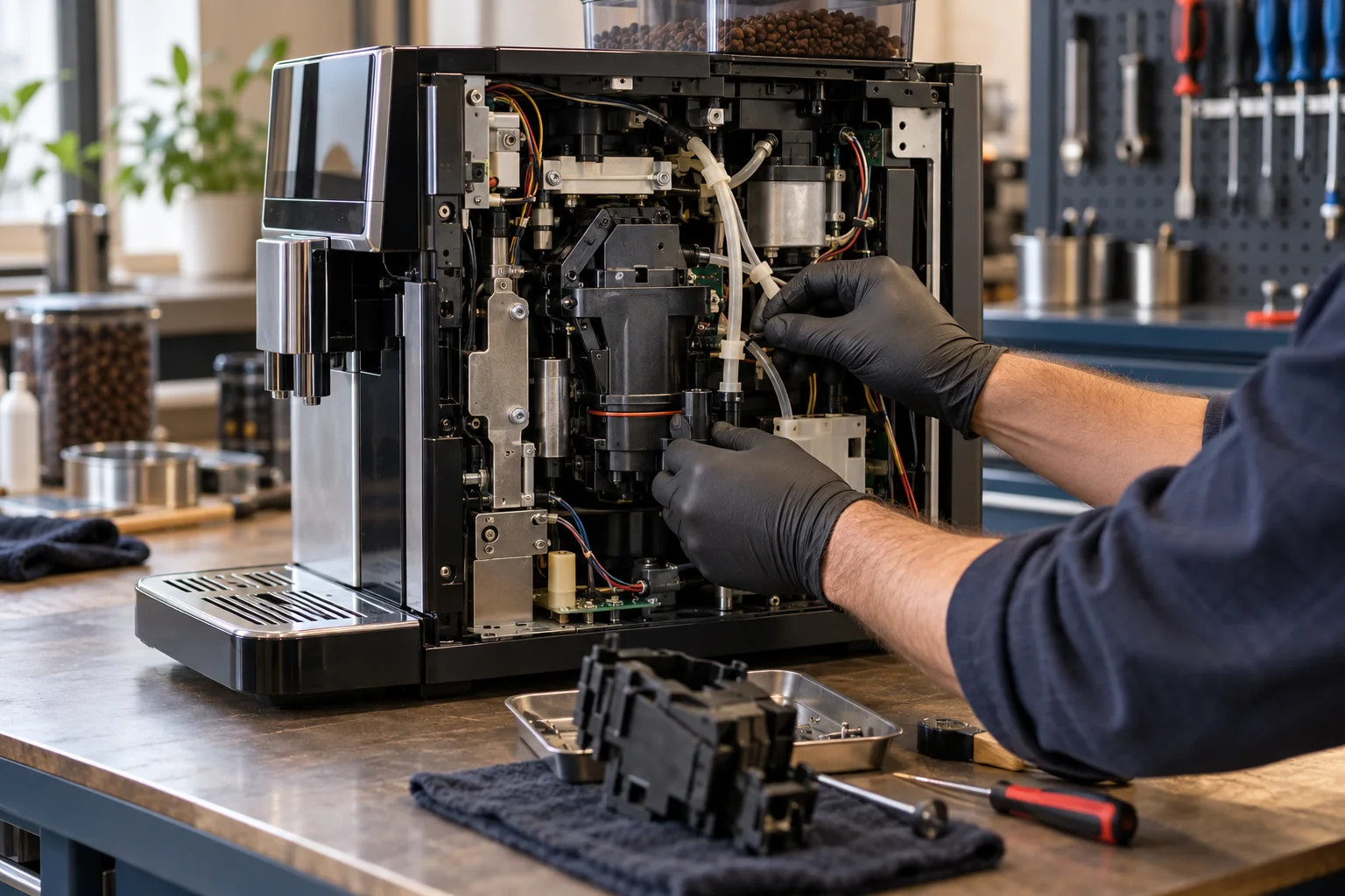 Technik naprawiający automatyczny ekspres do kawy
